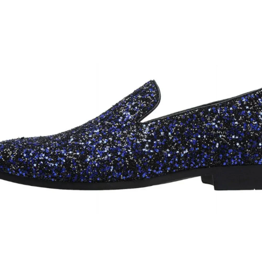 Santimon Men's US 7.5-12 Blue Sequins Glitter Smoking Loafers Casual Shoes  Plea